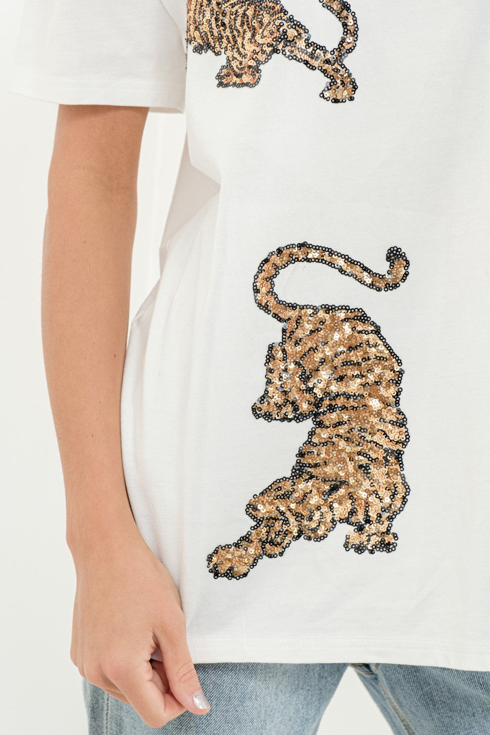 Embellished Gold Sequin Tiger T Shirt