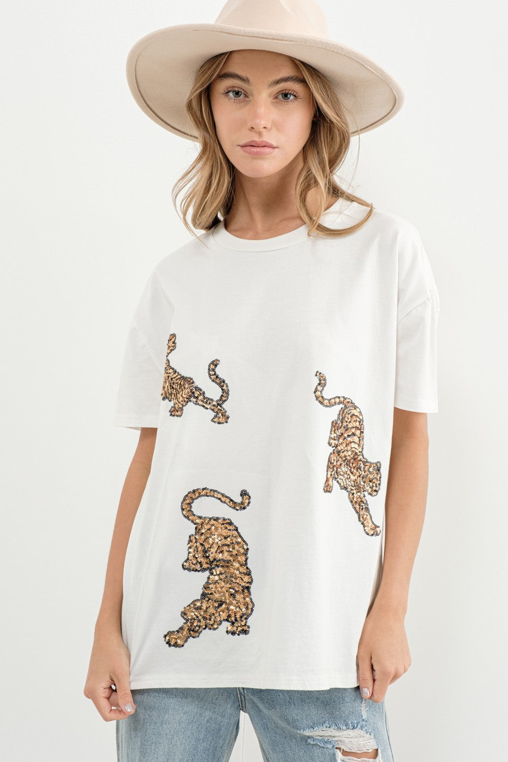 Embellished Gold Sequin Tiger T Shirt