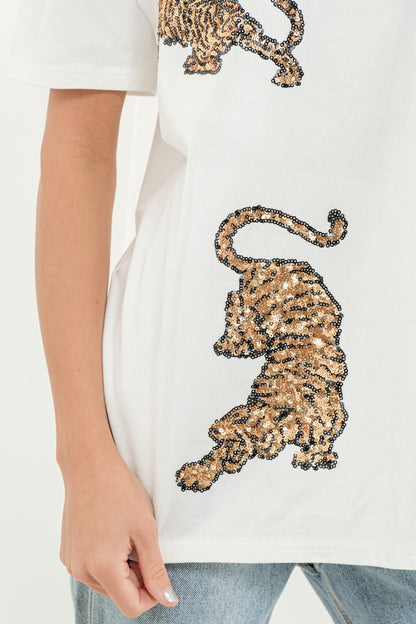 Embellished Gold Sequin Tiger  T Shirt