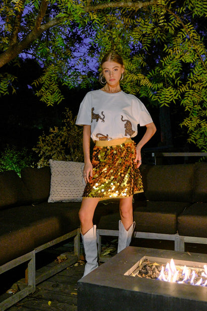Embellished Gold Sequin Tiger  T Shirt